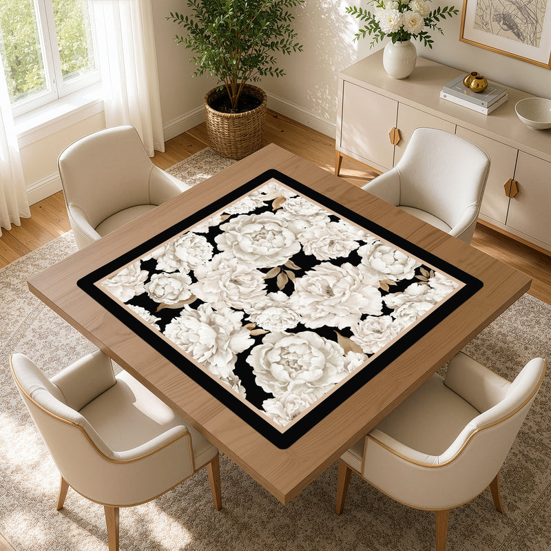 Peony Floral Garden Black and Ivory Collection Mahjong Mat for Table - Shipped Rolled
