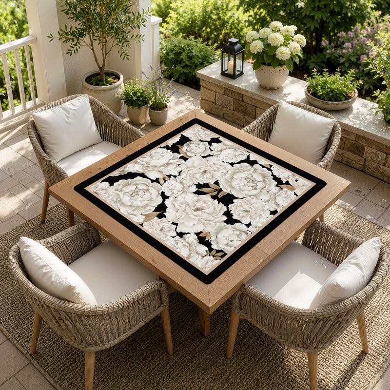 Peony Floral Garden Black and Ivory Collection Mahjong Mat for Table - Shipped Rolled