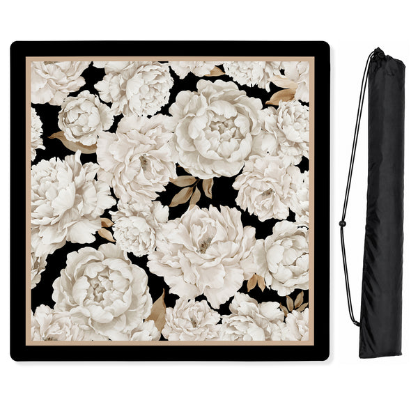 Peony Floral Garden Black and Ivory Collection Mahjong Mat for Table - Shipped Rolled