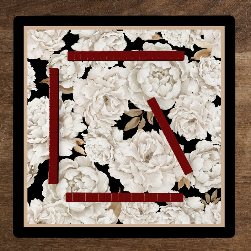 Peony Floral Garden Black and Ivory Collection Mahjong Mat for Table - Shipped Rolled