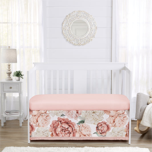 Peony Floral Garden Pink and Ivory Collection Fringe Crib Bed Skirt
