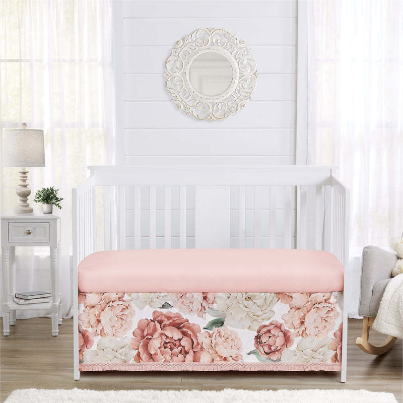 Peony Floral Garden Pink and Ivory Collection Fringe Crib Bed Skirt