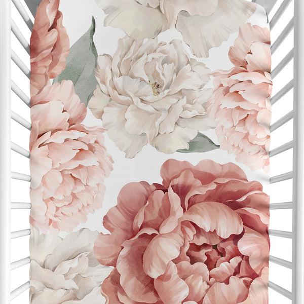 Peony Floral Garden Pink and Ivory Collection Crib Sheet - Oversized Flower Print