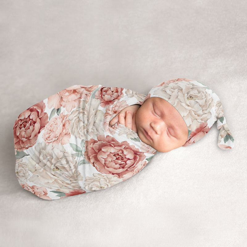 Peony Floral Garden Pink and Ivory Collection Baby Cocoon and Beanie Hat - 2 Piece Set