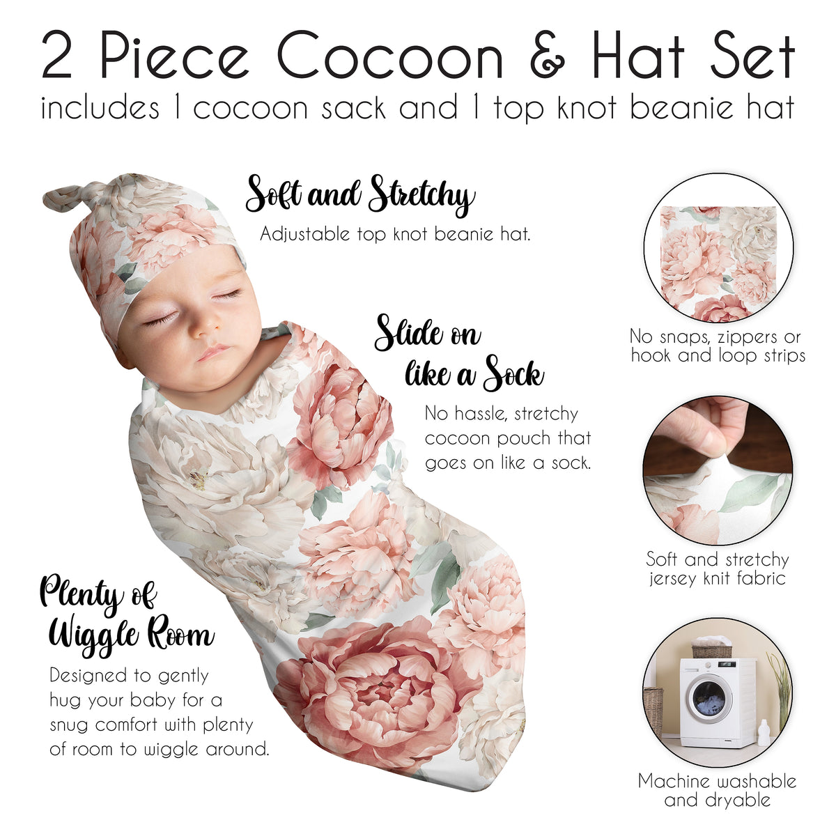 Peony Floral Garden Pink and Ivory Collection Baby Cocoon and Beanie Hat - 2 Piece Set