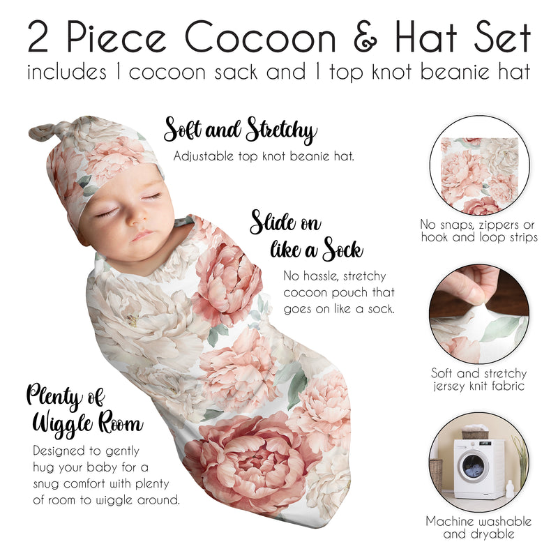 Peony Floral Garden Pink and Ivory Collection Baby Cocoon and Beanie Hat - 2 Piece Set