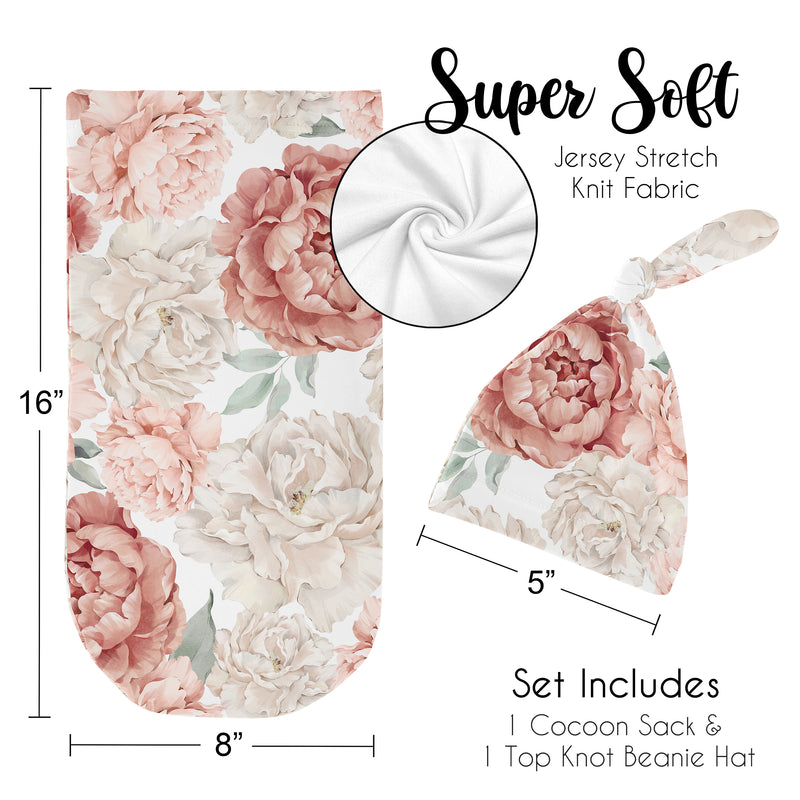 Peony Floral Garden Pink and Ivory Collection Baby Cocoon and Beanie Hat - 2 Piece Set