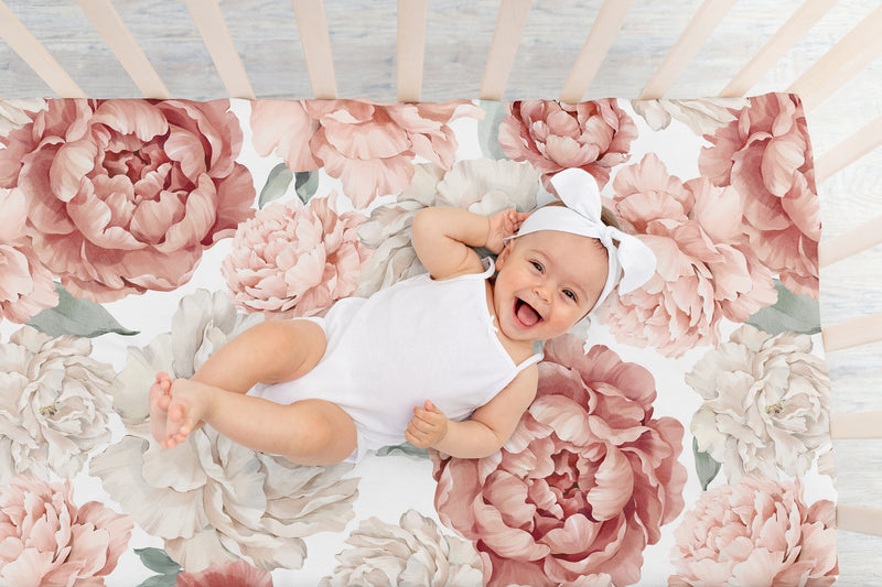 Peony Floral Garden Pink and Ivory Collection Crib Sheet