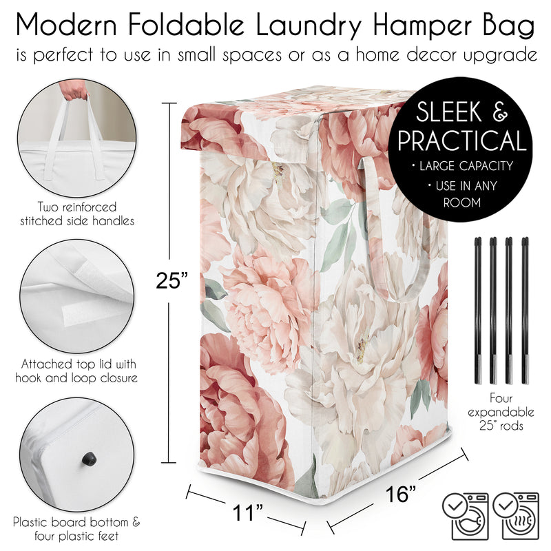 Peony Floral Garden Pink and Ivory Collection Laundry Hamper with Handles