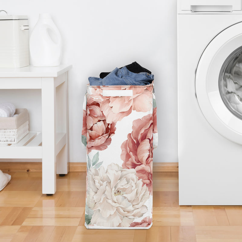 Peony Floral Garden Pink and Ivory Collection Laundry Hamper with Handles