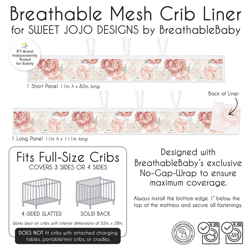 Peony Floral Garden Pink and Ivory Collection Sweet Jojo Designs + BreathableBaby Breathable Mesh Crib Liner