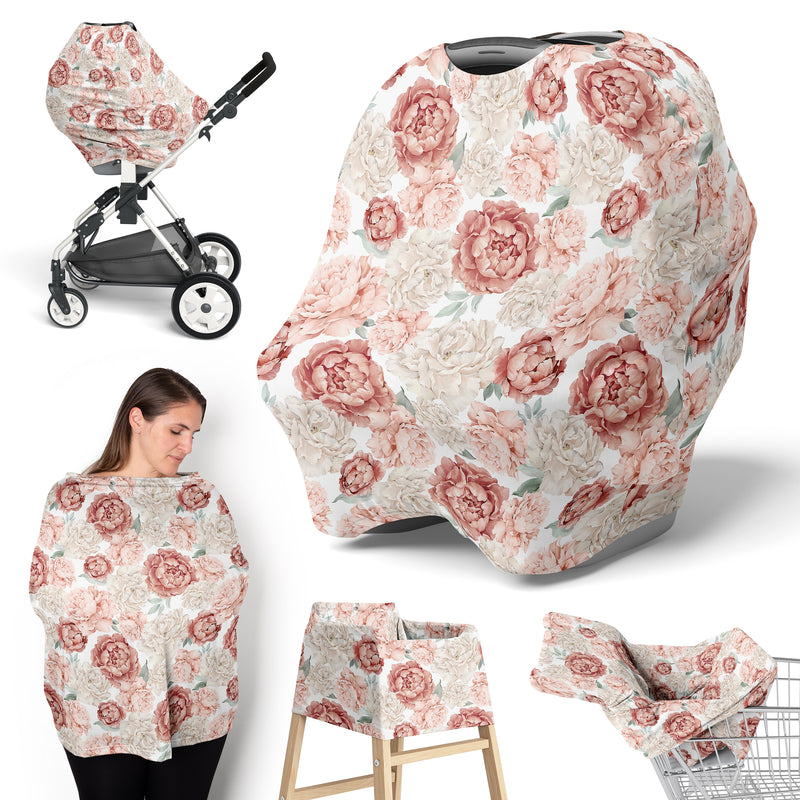 Peony Floral Garden Pink and Ivory Collection Multi Use Baby Car Seat and Nursing Cover