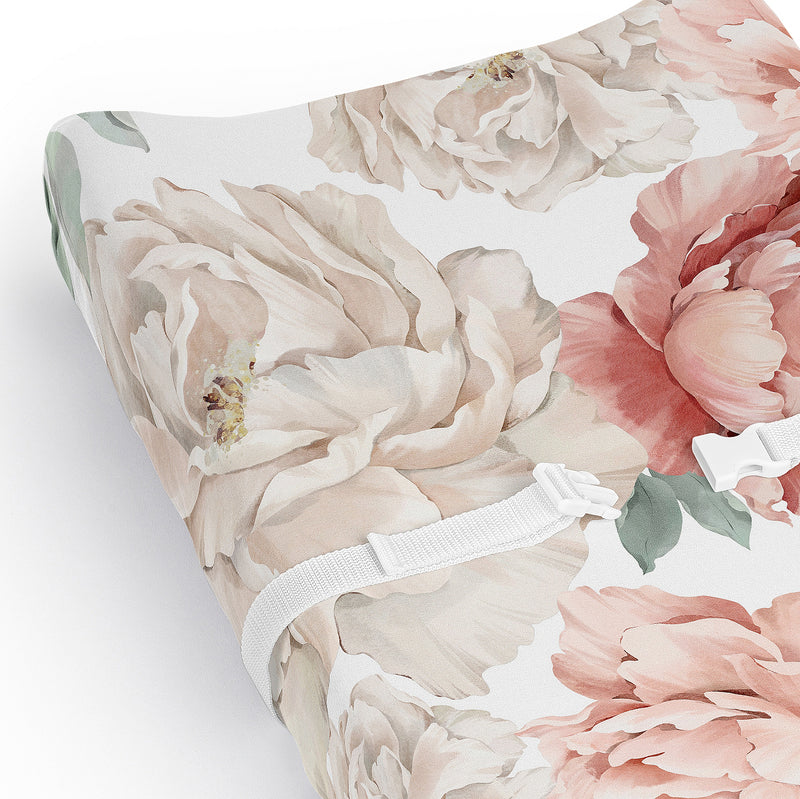 Peony Floral Garden Pink and Ivory Collection Changing Pad Cover Sheet
