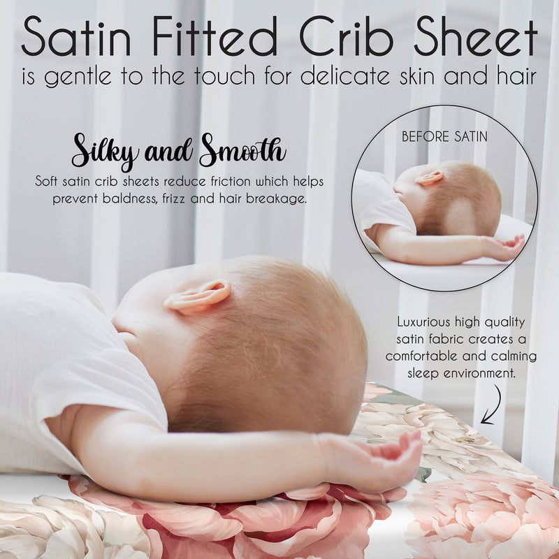 Peony Floral Garden Pink and Ivory Collection Satin Fitted Crib Sheet