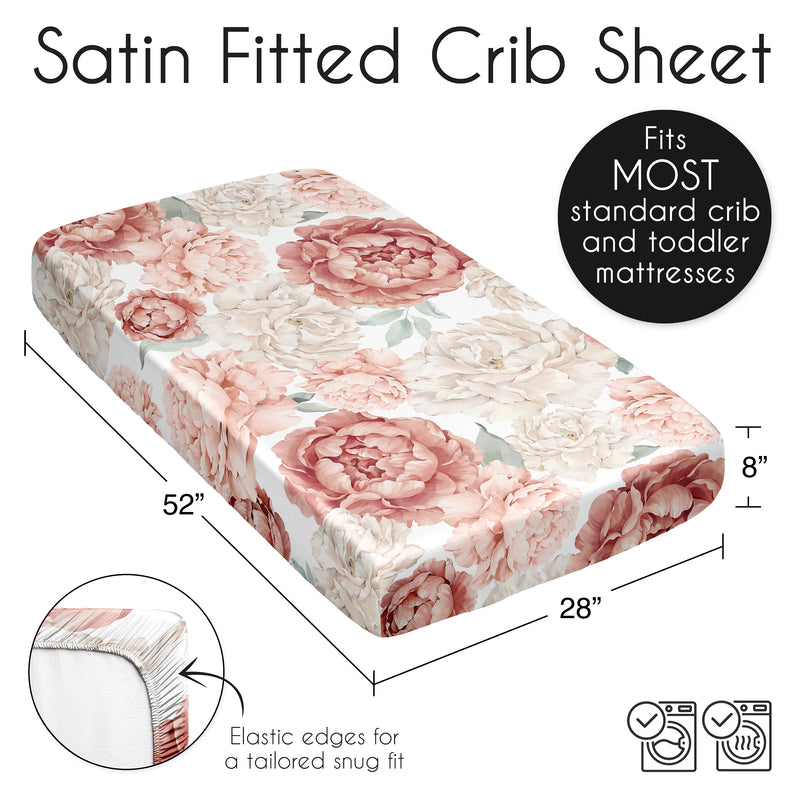 Peony Floral Garden Pink and Ivory Collection Satin Fitted Crib Sheet