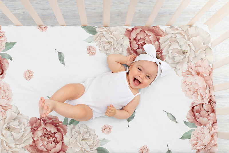 Peony Floral Garden Pink and Ivory Collection Photo Op Crib Sheet