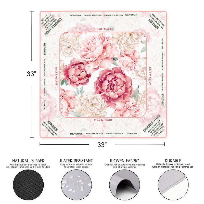 Peony Floral Garden Pink & Ivory Collection Mahjong Mat for Table with Rules - Shipped Rolled