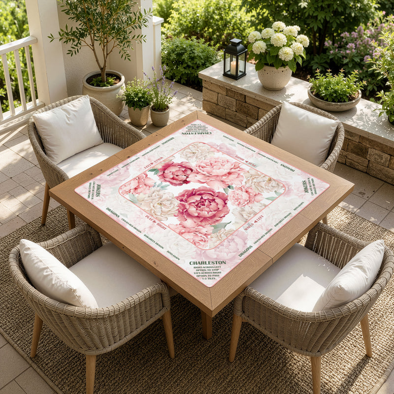 Peony Floral Garden Pink & Ivory Collection Mahjong Mat for Table with Rules - Shipped Rolled