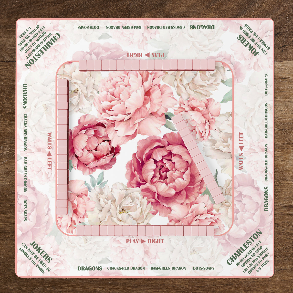 Peony Floral Garden Pink & Ivory Collection Mahjong Mat for Table with Rules - Shipped Rolled