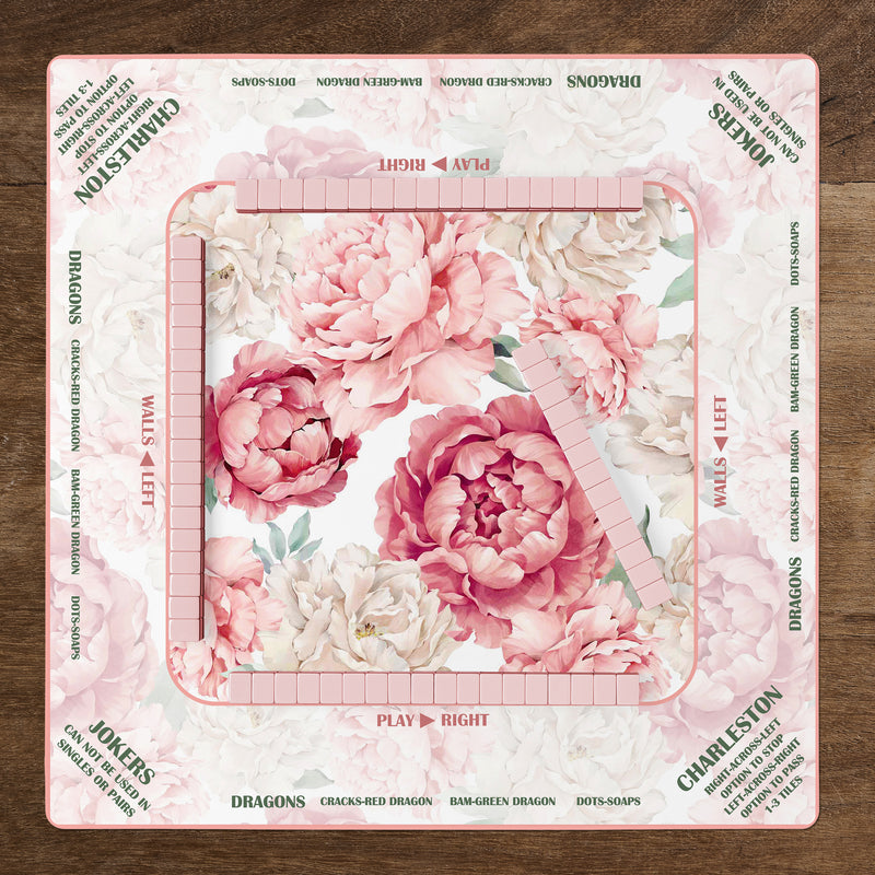 Peony Floral Garden Pink & Ivory Collection Mahjong Mat for Table with Rules - Shipped Rolled