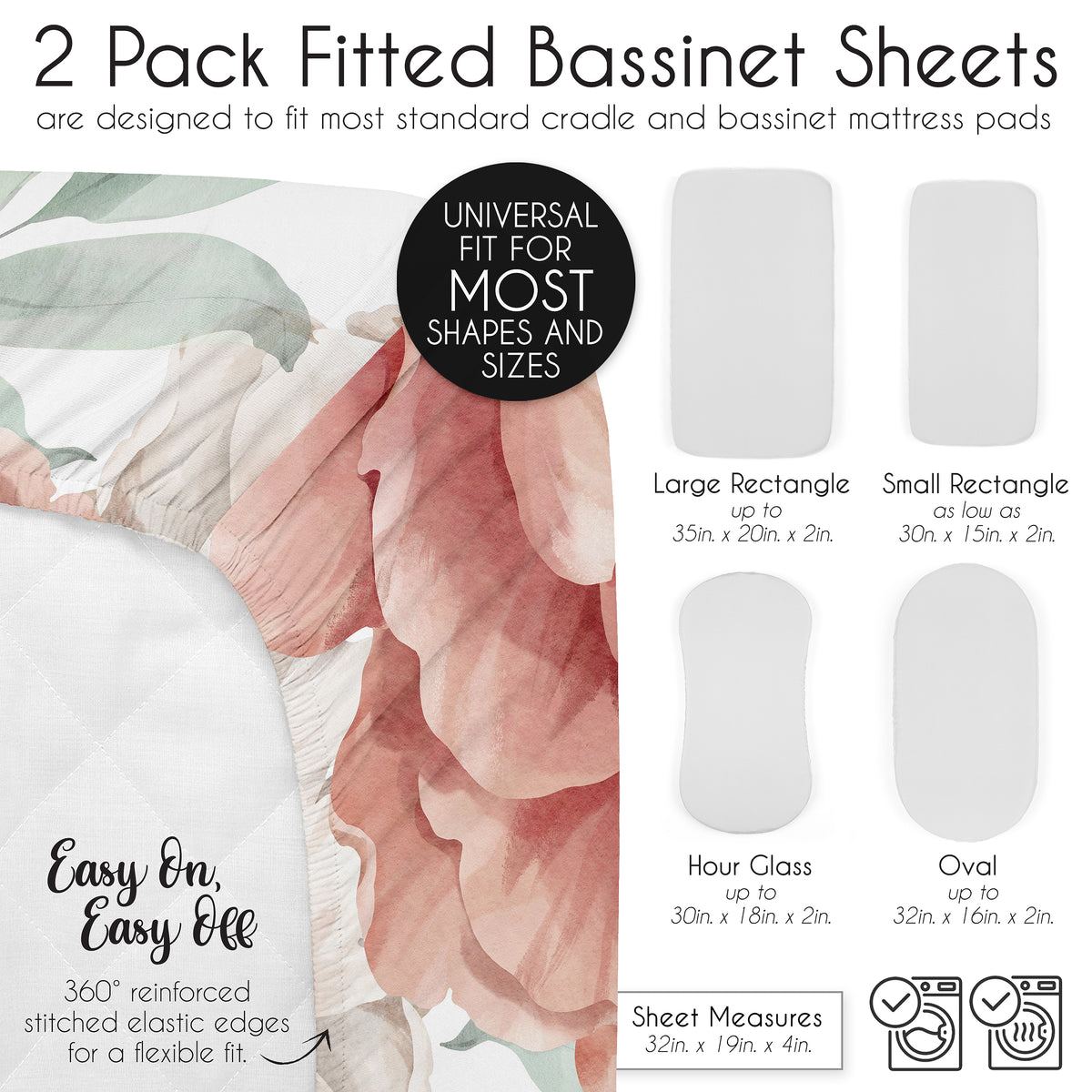 Peony Floral Garden Pink and Ivory Collection 2 Pack Baby Bassinet Fitted Sheets