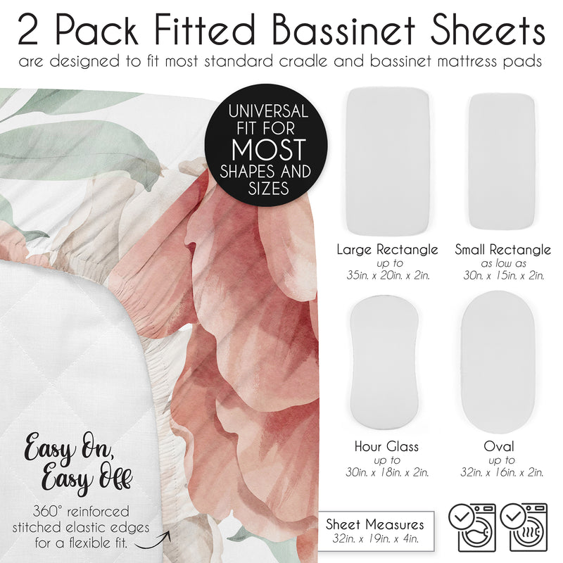 Peony Floral Garden Pink and Ivory Collection 2 Pack Baby Bassinet Fitted Sheets