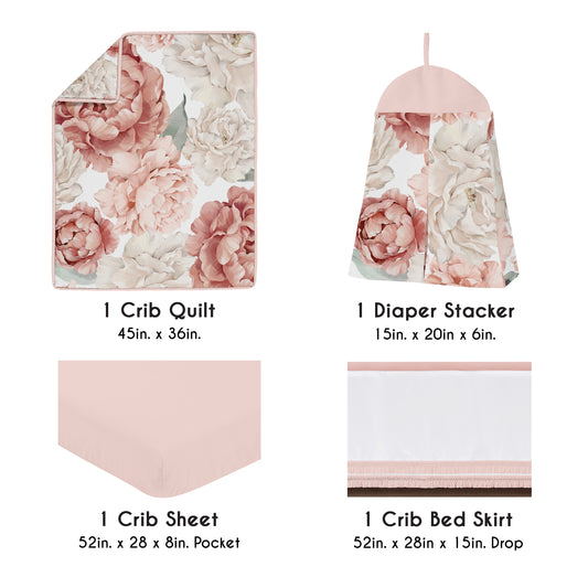 Peony Floral Garden Pink and Ivory Collection 4 Piece Crib Bedding
