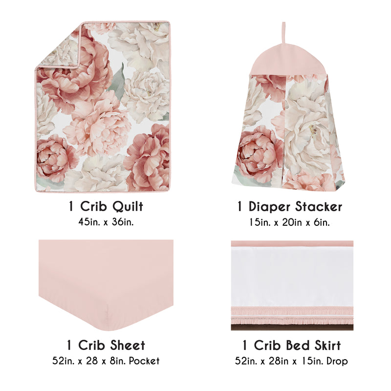 Peony Floral Garden Pink and Ivory Collection 4 Piece Crib Bedding
