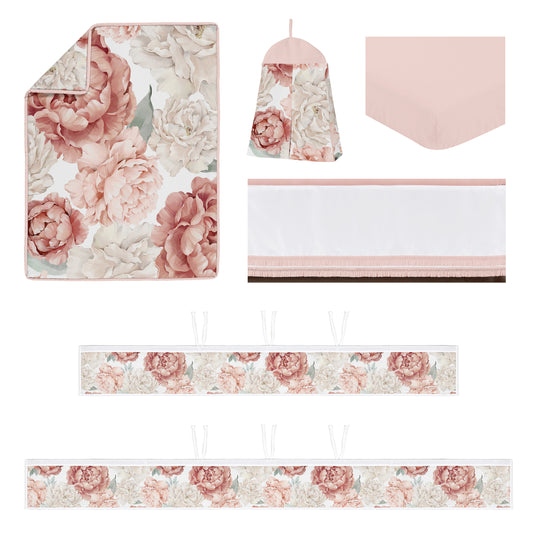 Peony Floral Garden Pink and Ivory Collection Sweet Jojo Designs 6 Piece Crib Bedding + BreathableBaby Breathable Mesh Liner