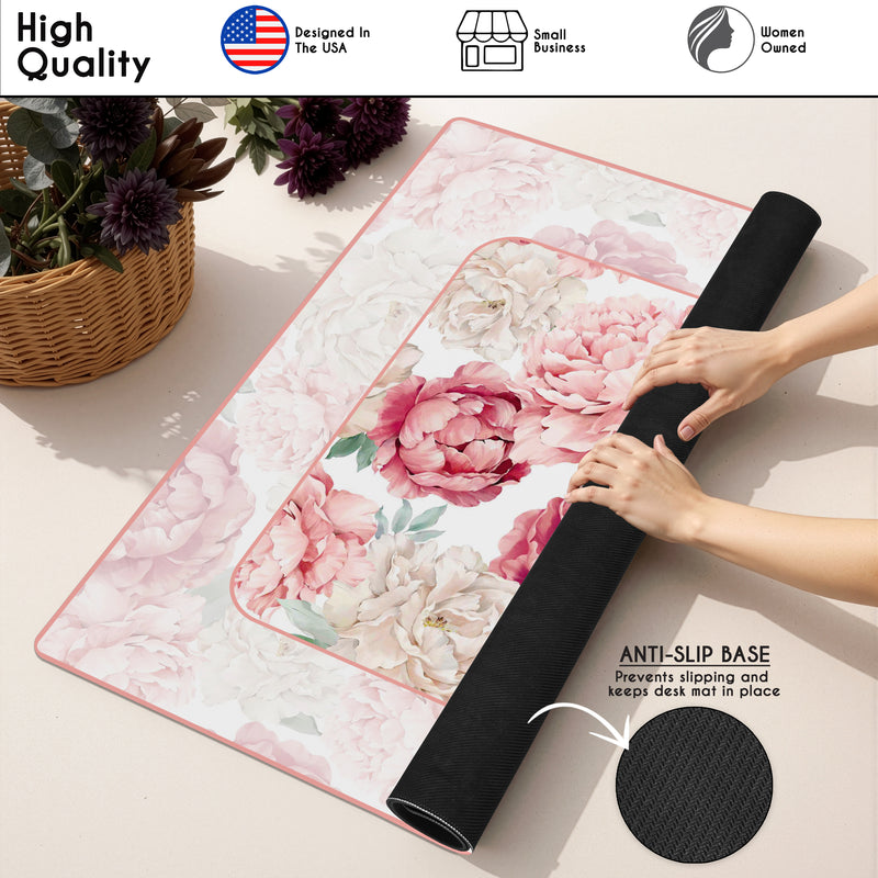 Peony Floral Garden Pink and Ivory Collection Mahjong Mat for Table - Shipped Rolled