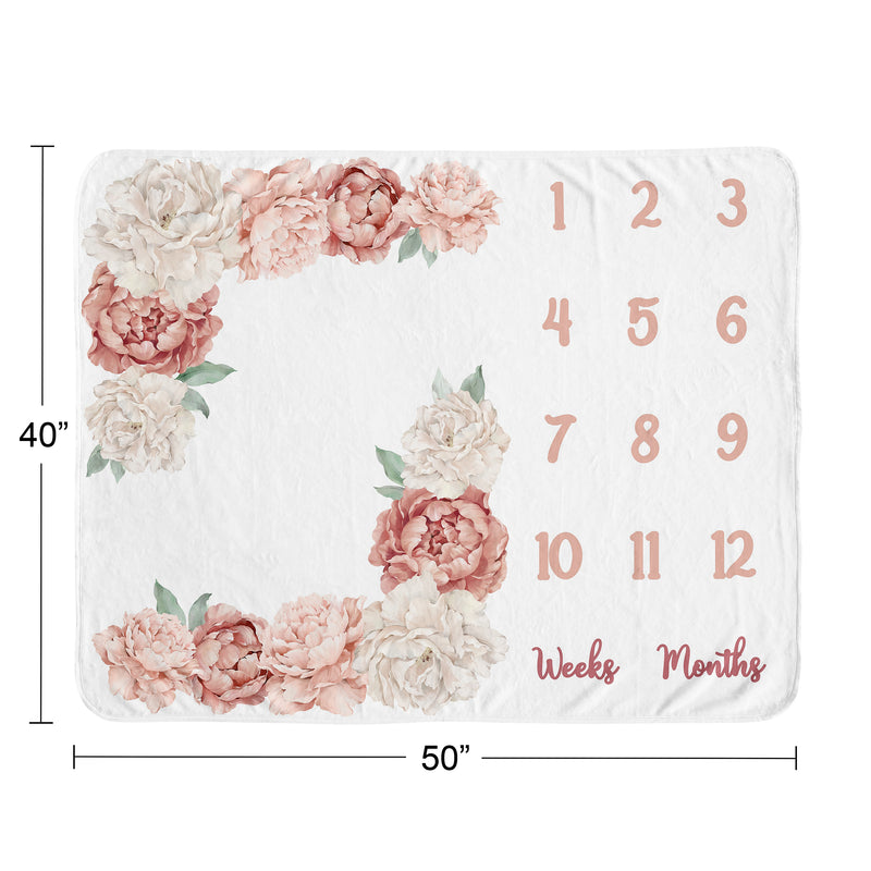 Peony Floral Garden Pink and Ivory Collection Monthly Milestone Baby Blanket