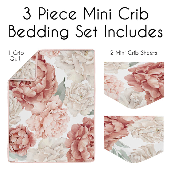 Peony Floral Garden Pink and Ivory Collection 3 Piece Mini Crib Bedding Set alternate view
