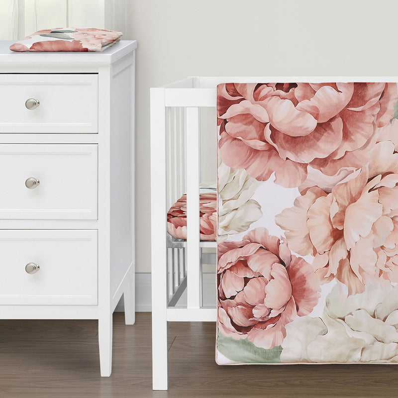 Peony Floral Garden Pink and Ivory Collection 3 Piece Mini Crib Bedding Set