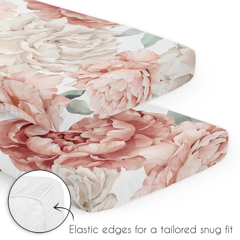 Peony Floral Garden Pink and Ivory Collection 3 Piece Mini Crib Bedding Set