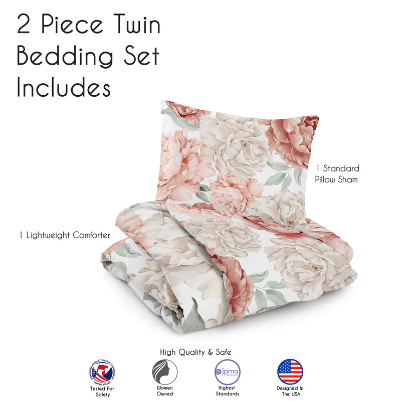 Peony Floral Garden Pink and Ivory Collection Twin Bedding
