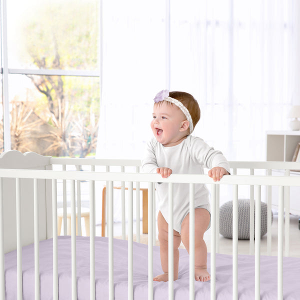 Peony Floral Garden Lavender Purple and Ivory Collection Crib Sheet - Solid Lavender Purple alternate view