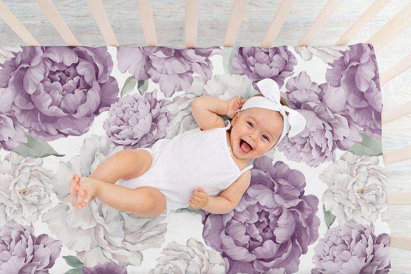 Peony Floral Garden Lavender Purple and Ivory Collection Crib Sheet