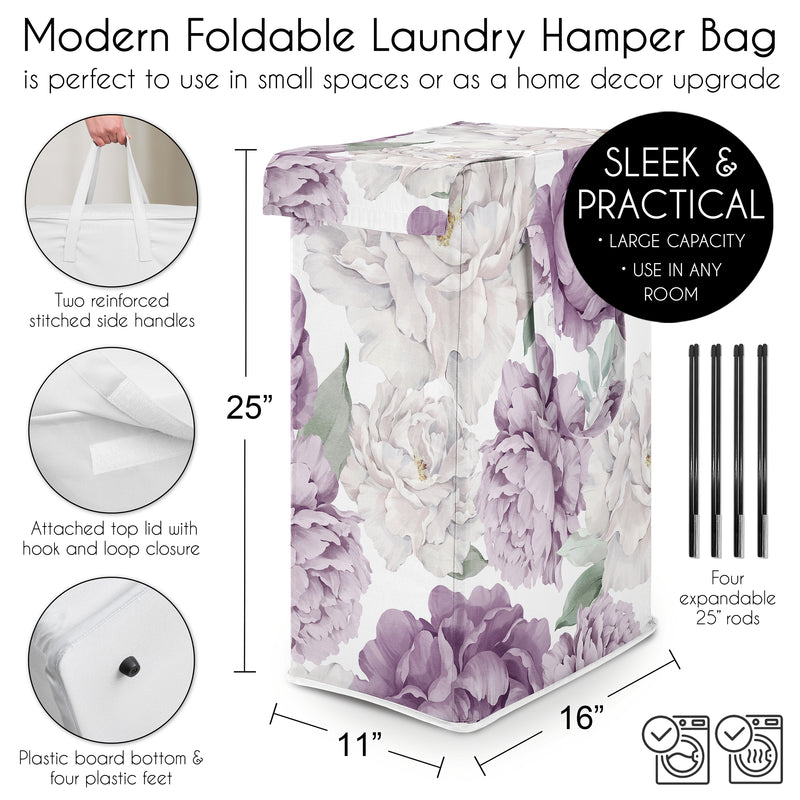 Peony Floral Garden Lavender Purple and Ivory Collection Laundry Hamper with Handles