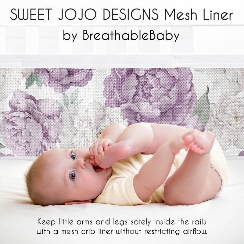 Peony Floral Garden Lavender Purple and Ivory Collection Sweet Jojo Designs + BreathableBaby Breathable Mesh Crib Liner