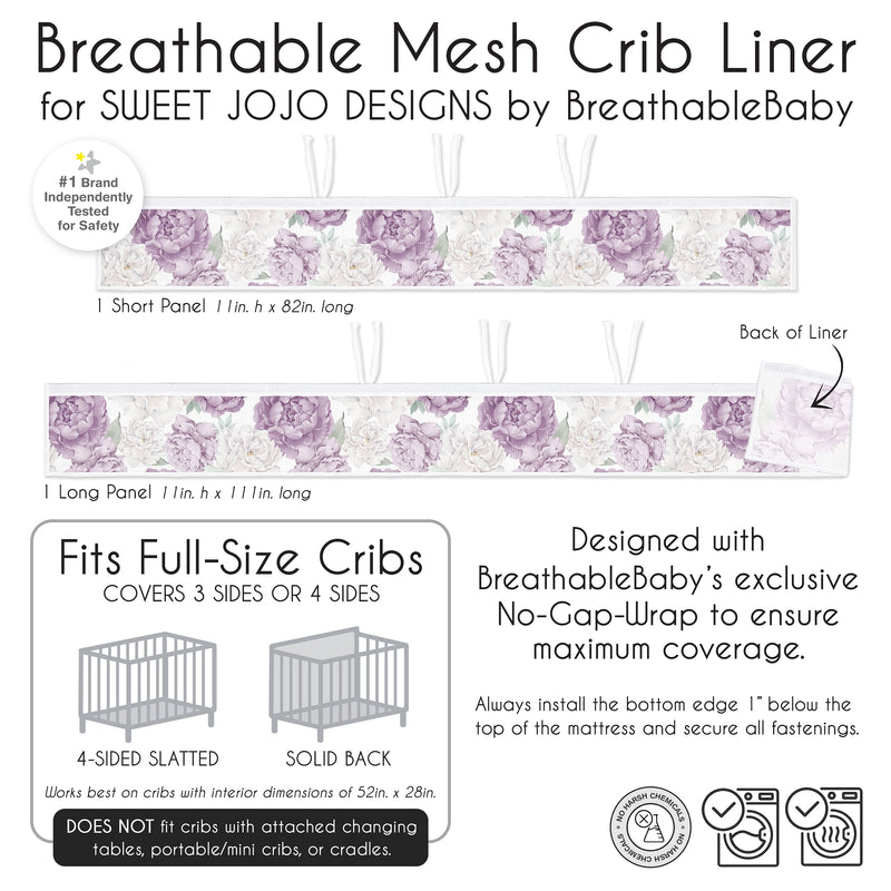 Peony Floral Garden Lavender Purple and Ivory Collection Sweet Jojo Designs + BreathableBaby Breathable Mesh Crib Liner