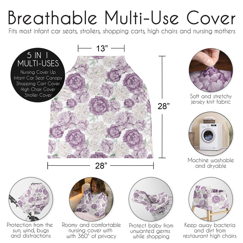 Peony Floral Garden Lavender Purple and Ivory Collection Multi Use Baby Car Seat and Nursing Cover