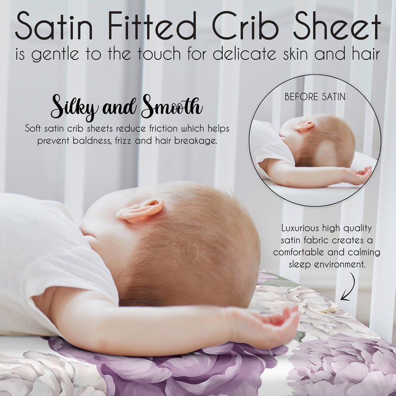 Peony Floral Garden Lavender Purple and Ivory Collection Satin Fitted Crib Sheet