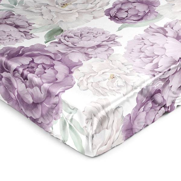 Peony Floral Garden Lavender Purple and Ivory Collection Satin Fitted Crib Sheet