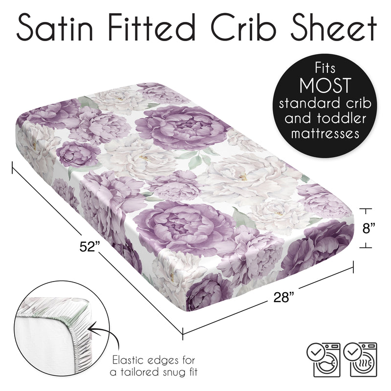 Peony Floral Garden Lavender Purple and Ivory Collection Satin Fitted Crib Sheet