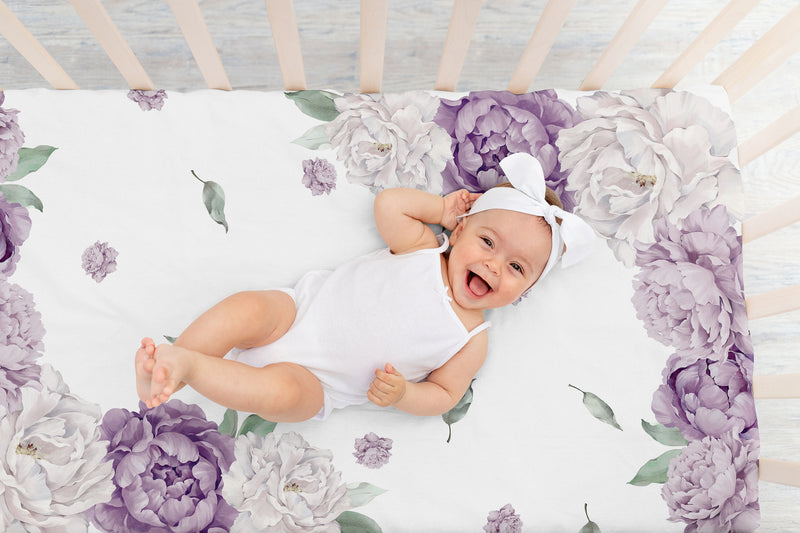 Peony Floral Garden Lavender Purple and Ivory Collection Photo Op Crib Sheet