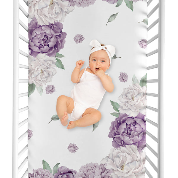 Peony Floral Garden Lavender Purple and Ivory Collection Photo Op Crib Sheet