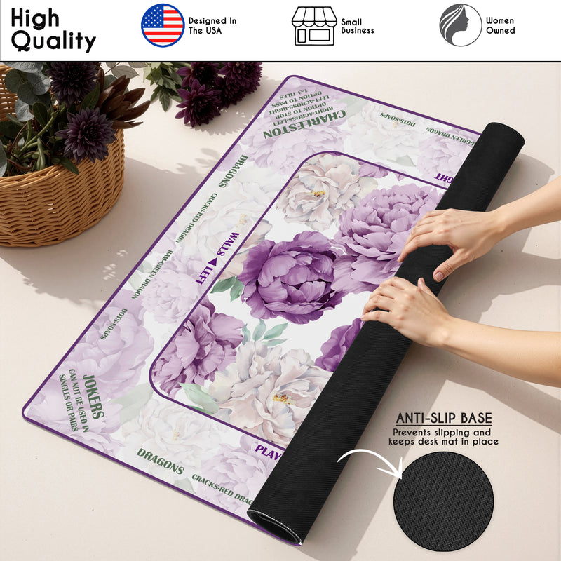 Peony Floral Garden Lavender Purple & Ivory Collection Mahjong Mat for Table with Rules - Shipped Rolled