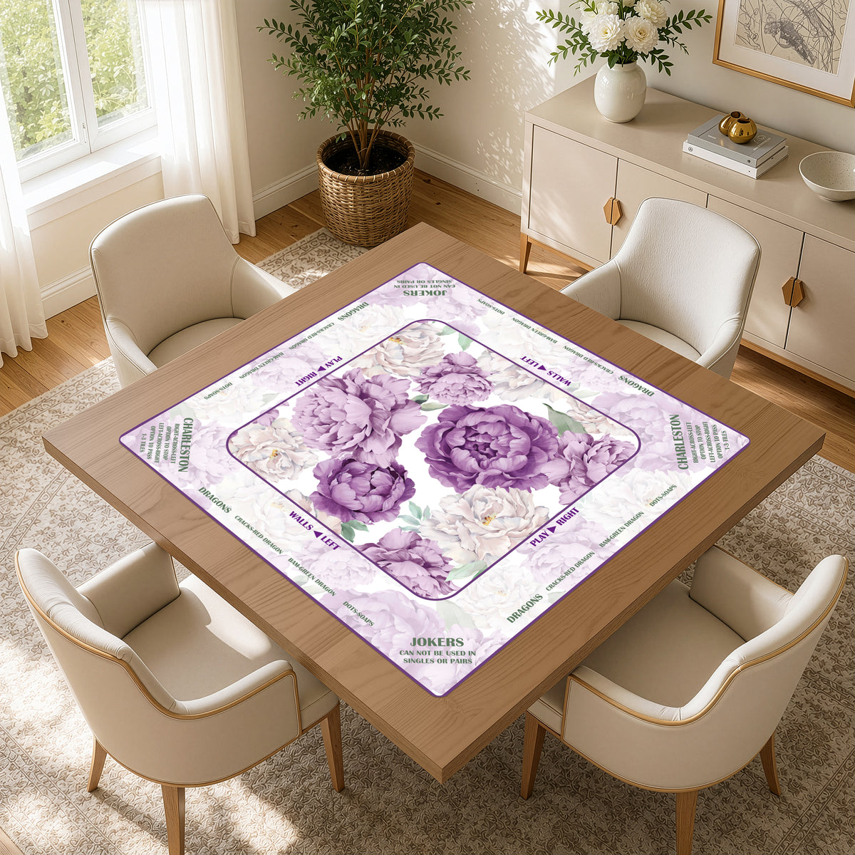 Peony Floral Garden Lavender Purple & Ivory Collection Mahjong Mat for Table with Rules - Shipped Rolled