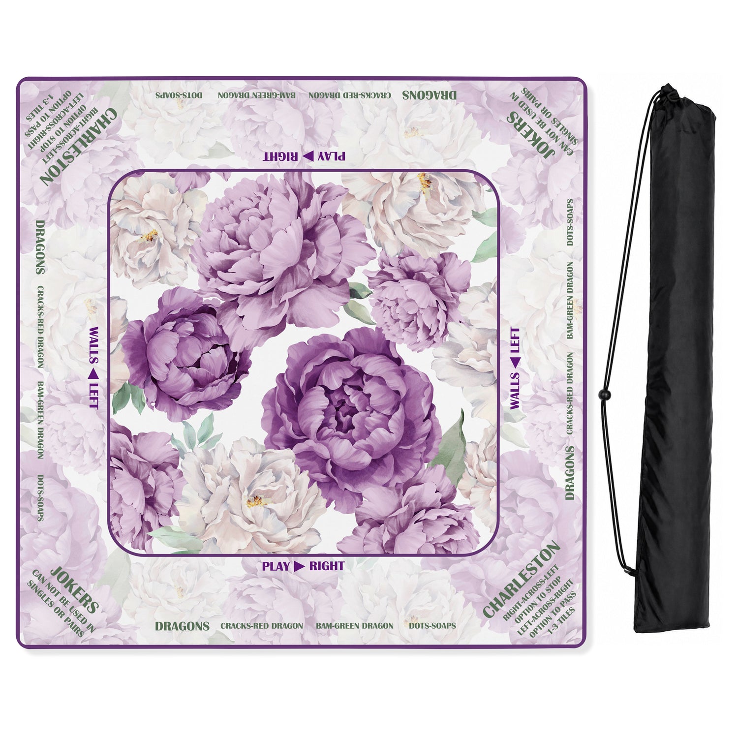 Peony Floral Garden Lavender Purple & Ivory Collection Mahjong Mat for Table with Rules - Shipped Rolled