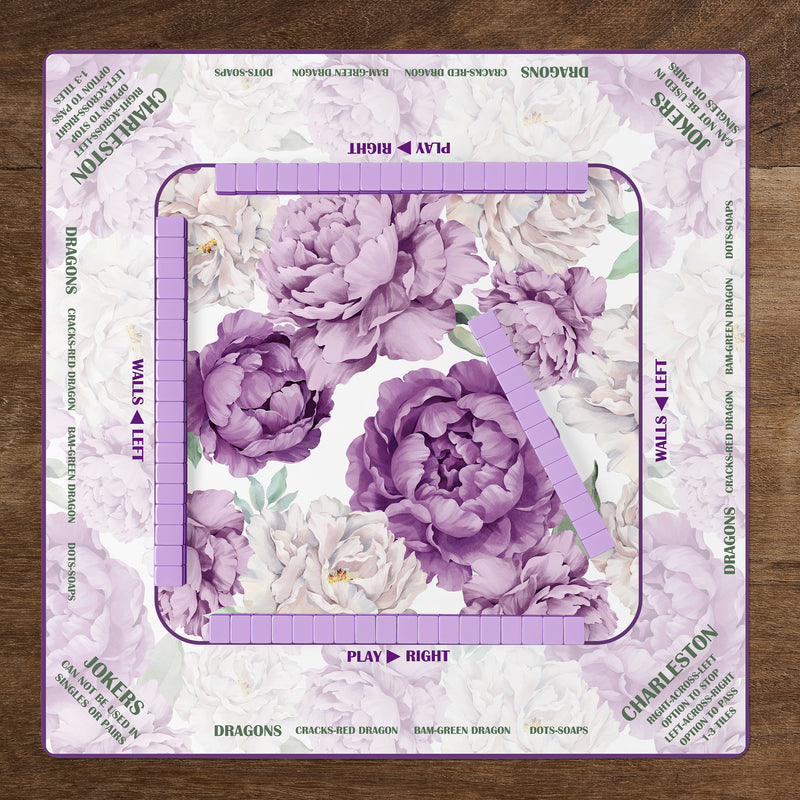 Peony Floral Garden Lavender Purple & Ivory Collection Mahjong Mat for Table with Rules - Shipped Rolled